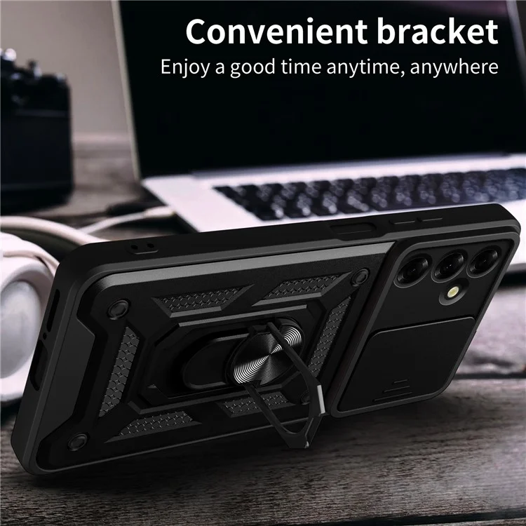 Für Samsung Galaxy M35 5G Hülle mit Schiebe-Kamera-Abdeckung PC+TPU Kickstand Handyhülle - Schwarz