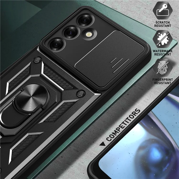 Für Samsung Galaxy M35 5G Hülle mit Schiebe-Kamera-Abdeckung PC+TPU Kickstand Handyhülle - Schwarz