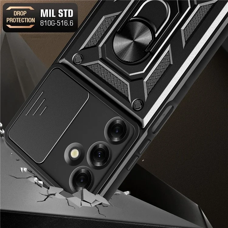 Für Samsung Galaxy M35 5G Hülle mit Schiebe-Kamera-Abdeckung PC+TPU Kickstand Handyhülle - Schwarz