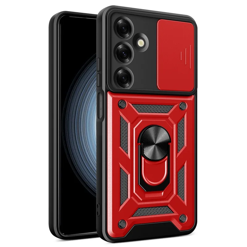 For Samsung Galaxy M35 5G Case with Slide Camera Lid PC+TPU Kickstand Phone Cover - Red