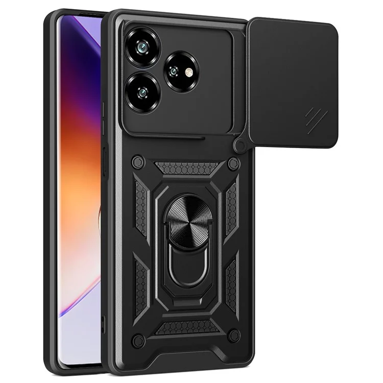 For ZTE Axon 60 Case with Slide Camera Lid PC+TPU Kickstand Phone Cover - Black