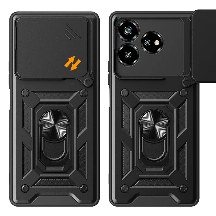 For ZTE Axon 60 Case with Slide Camera Lid PC+TPU Kickstand Phone Cover - Black