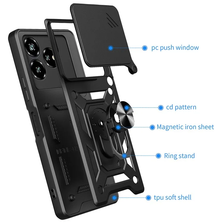 For ZTE Axon 60 Case with Slide Camera Lid PC+TPU Kickstand Phone Cover - Black