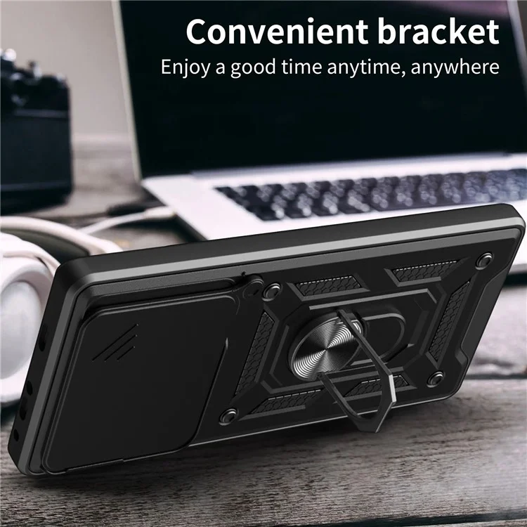 For ZTE Axon 60 Case with Slide Camera Lid PC+TPU Kickstand Phone Cover - Black