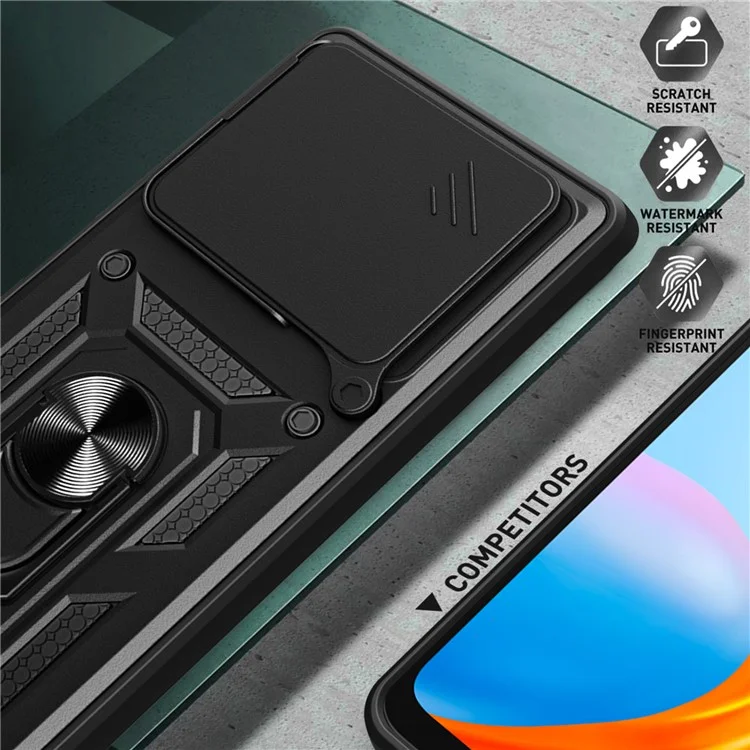 For ZTE Axon 60 Case with Slide Camera Lid PC+TPU Kickstand Phone Cover - Black
