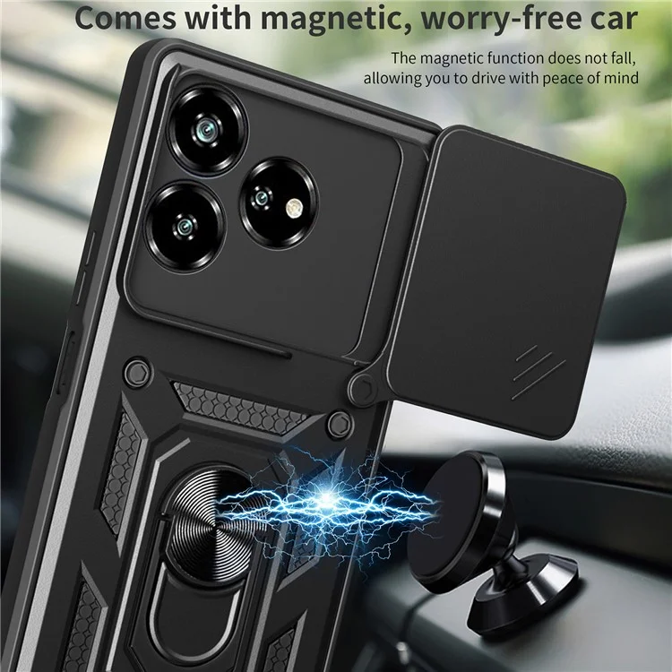 For ZTE Axon 60 Case with Slide Camera Lid PC+TPU Kickstand Phone Cover - Black