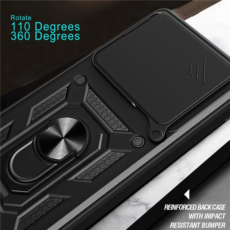 For ZTE Axon 60 Case with Slide Camera Lid PC+TPU Kickstand Phone Cover - Black