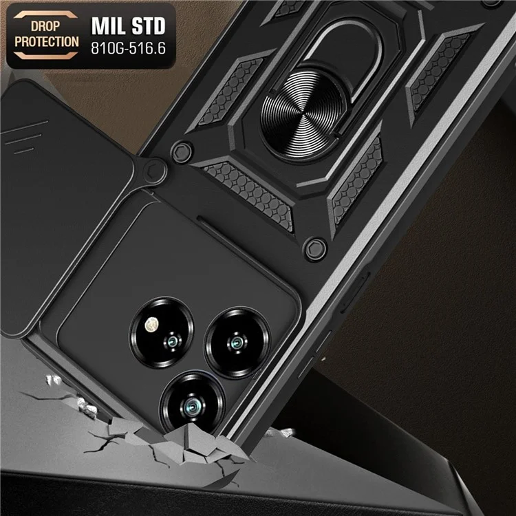 For ZTE Axon 60 Case with Slide Camera Lid PC+TPU Kickstand Phone Cover - Black