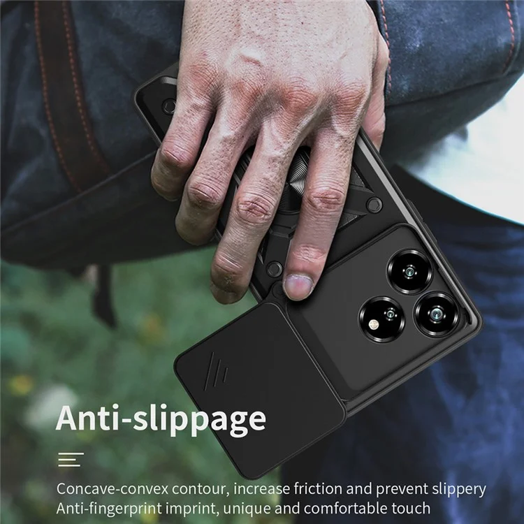 For ZTE Axon 60 Case with Slide Camera Lid PC+TPU Kickstand Phone Cover - Black