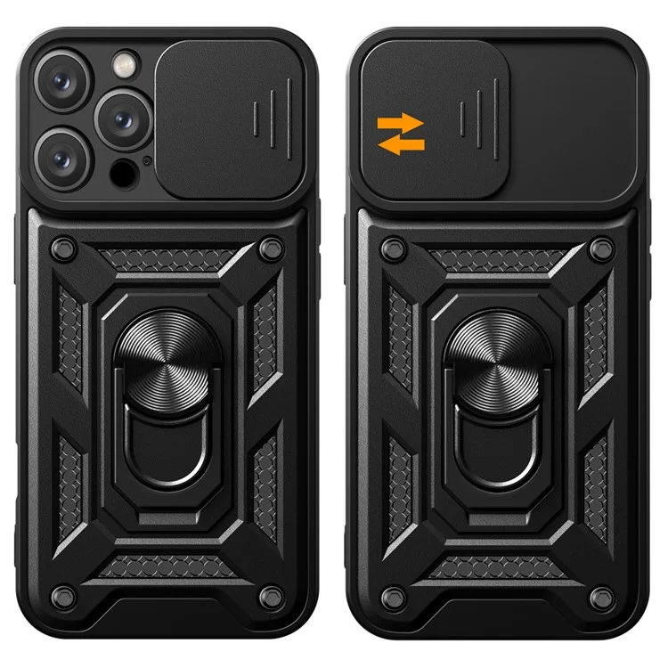 For iPhone 16 Pro Case with Slide Camera Lid PC+TPU Kickstand Phone Cover - Black