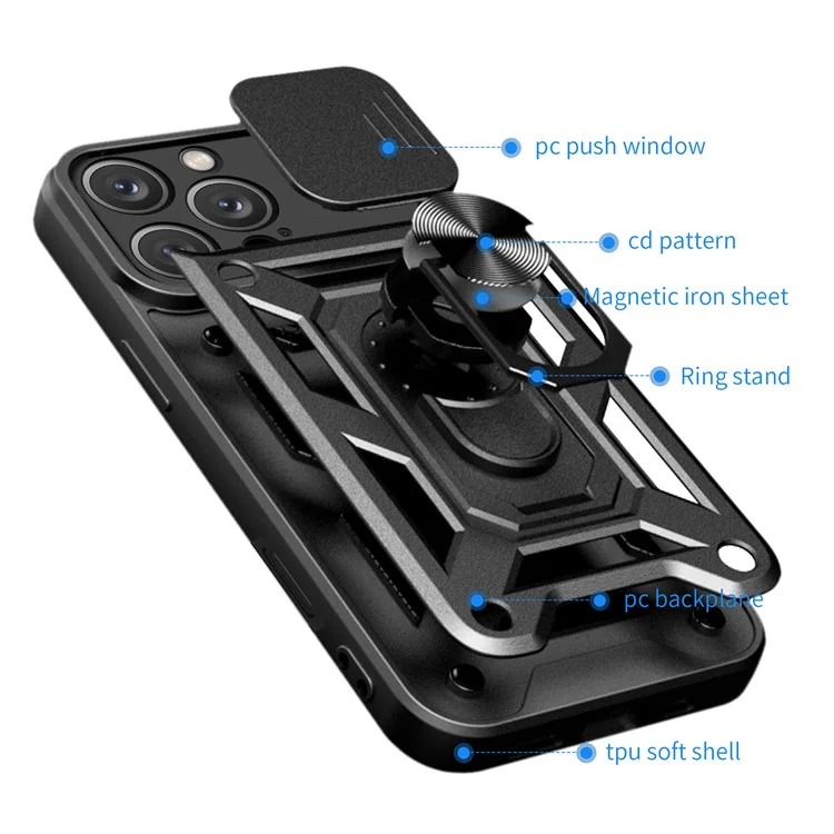 For iPhone 16 Pro Case with Slide Camera Lid PC+TPU Kickstand Phone Cover - Black
