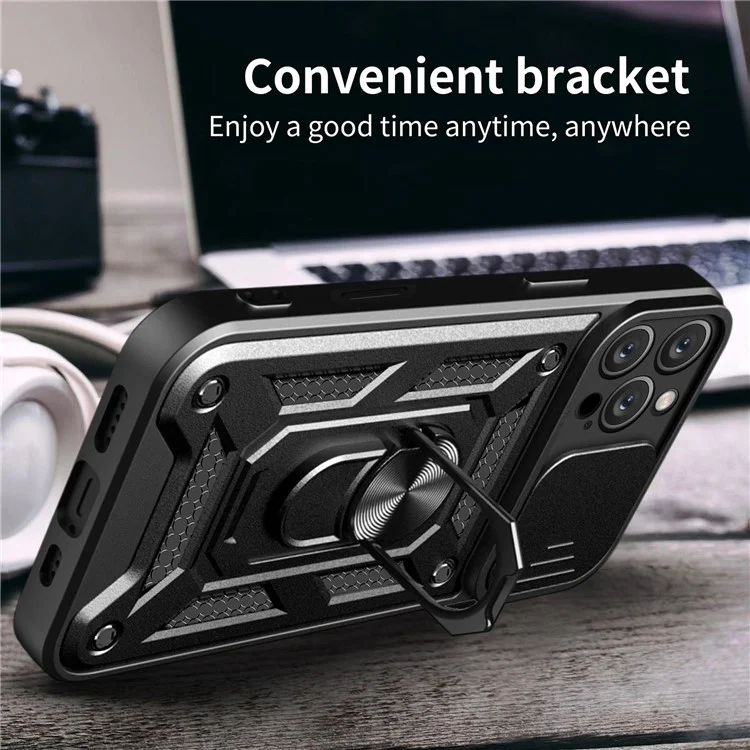 For iPhone 16 Pro Case with Slide Camera Lid PC+TPU Kickstand Phone Cover - Black