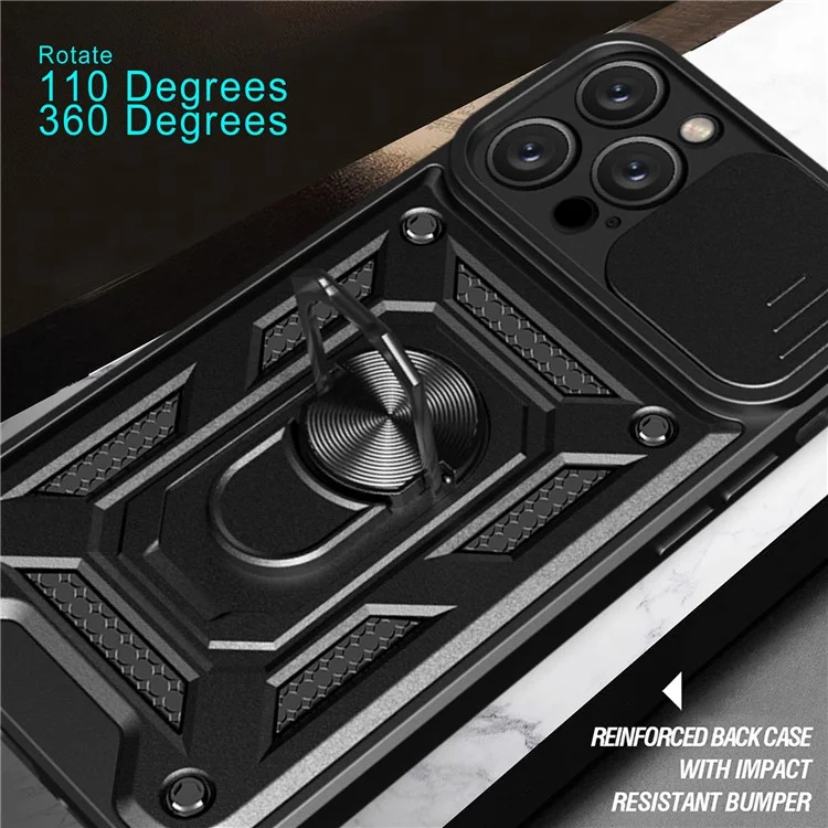 For iPhone 16 Pro Case with Slide Camera Lid PC+TPU Kickstand Phone Cover - Black