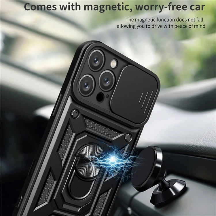 For iPhone 16 Pro Case with Slide Camera Lid PC+TPU Kickstand Phone Cover - Black