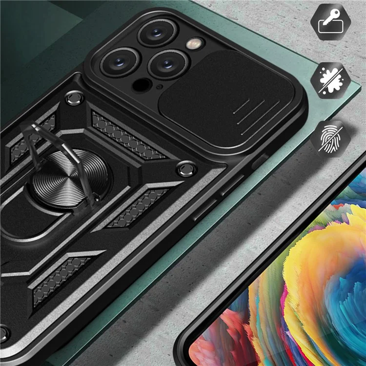 For iPhone 16 Pro Case with Slide Camera Lid PC+TPU Kickstand Phone Cover - Black