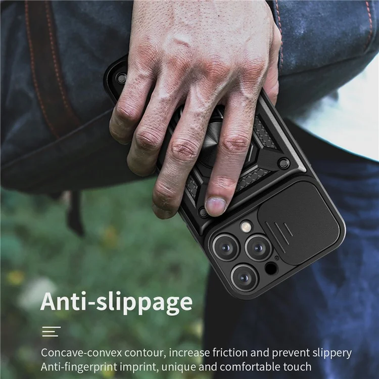 For iPhone 16 Pro Case with Slide Camera Lid PC+TPU Kickstand Phone Cover - Black