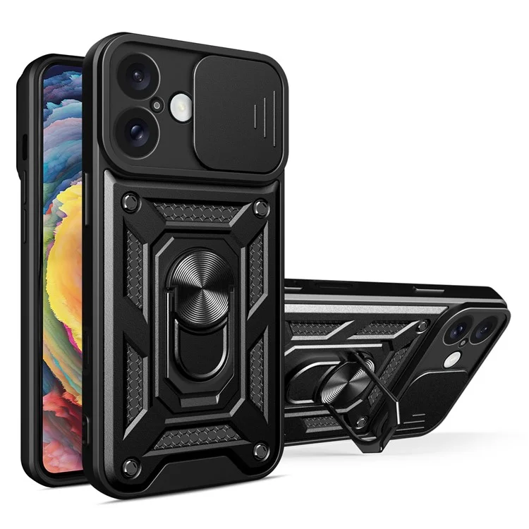For iPhone 16 Plus Case with Slide Camera Lid PC+TPU Kickstand Phone Cover - Black