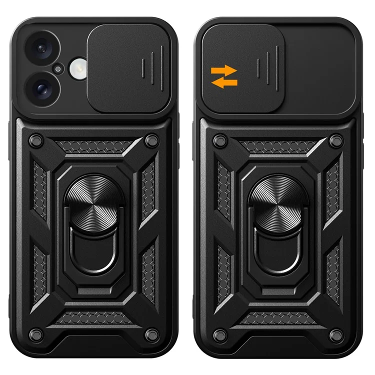 For iPhone 16 Plus Case with Slide Camera Lid PC+TPU Kickstand Phone Cover - Black