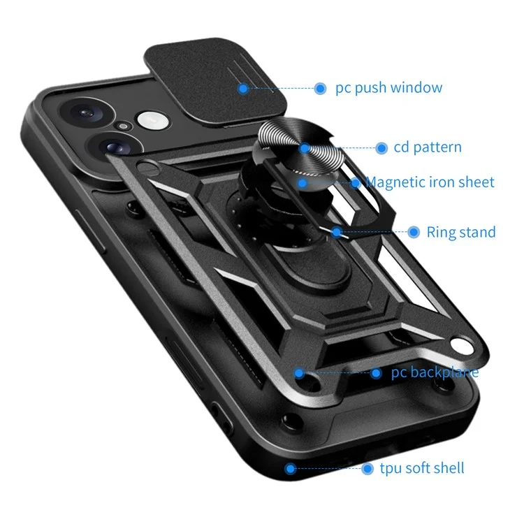 For iPhone 16 Plus Case with Slide Camera Lid PC+TPU Kickstand Phone Cover - Black