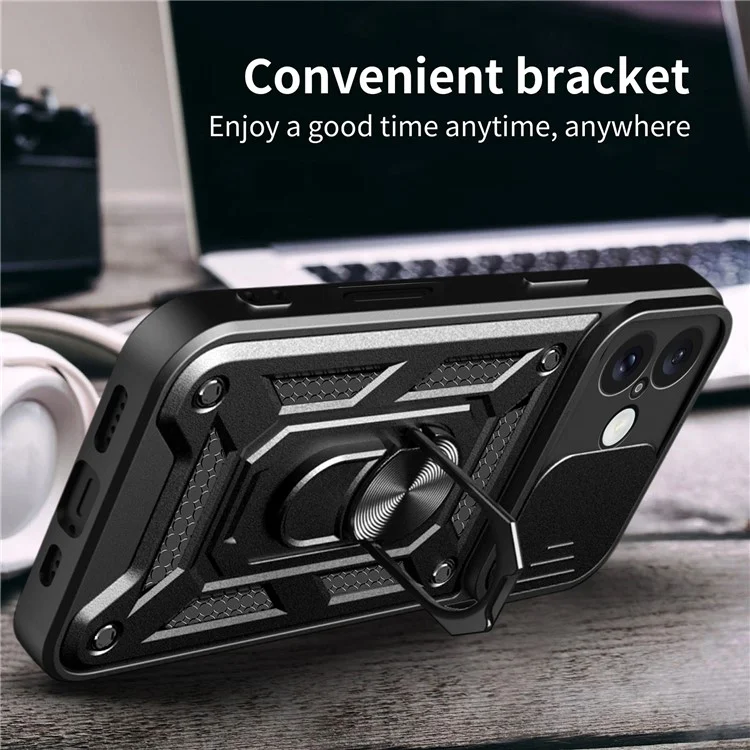 For iPhone 16 Plus Case with Slide Camera Lid PC+TPU Kickstand Phone Cover - Black
