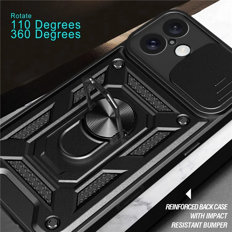 For iPhone 16 Plus Case with Slide Camera Lid PC+TPU Kickstand Phone Cover - Black