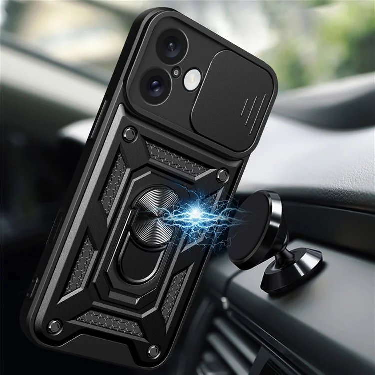For iPhone 16 Plus Case with Slide Camera Lid PC+TPU Kickstand Phone Cover - Black