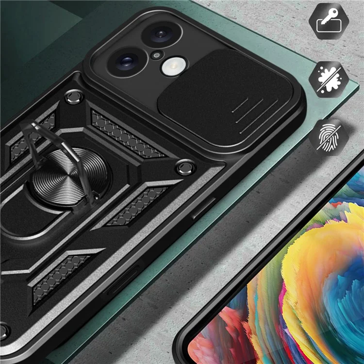 For iPhone 16 Plus Case with Slide Camera Lid PC+TPU Kickstand Phone Cover - Black