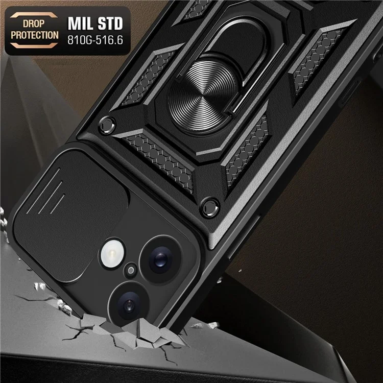 For iPhone 16 Plus Case with Slide Camera Lid PC+TPU Kickstand Phone Cover - Black