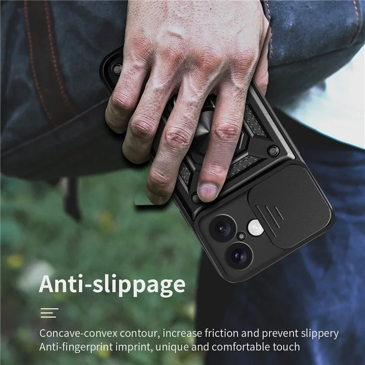 For iPhone 16 Plus Case with Slide Camera Lid PC+TPU Kickstand Phone Cover - Black