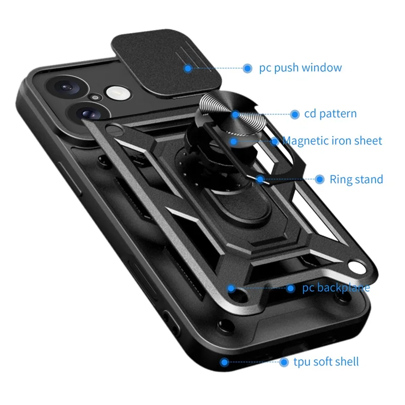 For iPhone 16 Plus Case with Slide Camera Lid PC+TPU Kickstand Phone Cover - Silver