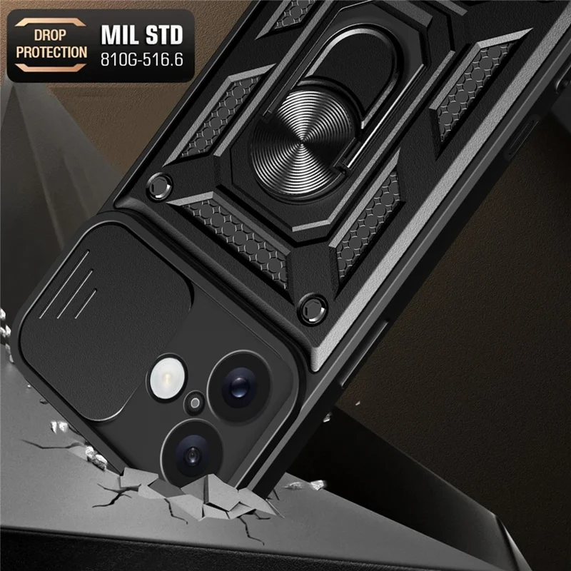 For iPhone 16 Case with Slide Camera Lid PC+TPU Kickstand Phone Cover - Black
