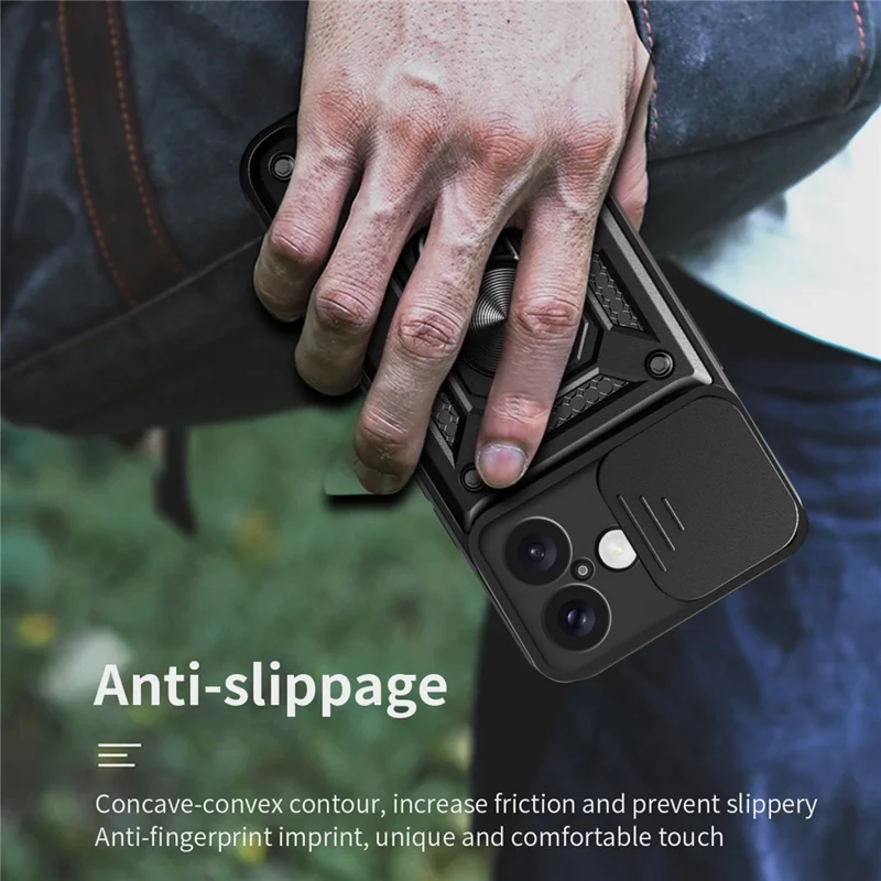 For iPhone 16 Case with Slide Camera Lid PC+TPU Kickstand Phone Cover - Black