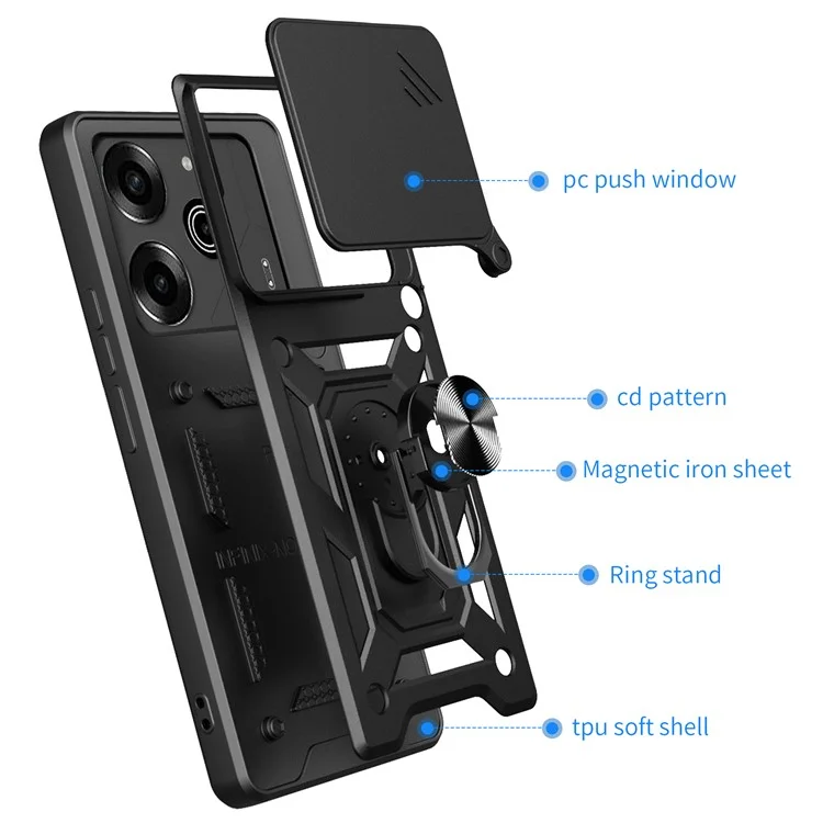 Per TECNO Pova 6 Pro 5G Cover con coperchio scorrevole per fotocamera PC+TPU con supporto per telefono - Nero