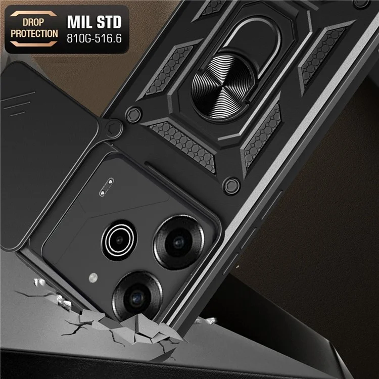 Per TECNO Pova 6 Pro 5G Cover con coperchio scorrevole per fotocamera PC+TPU con supporto per telefono - Nero