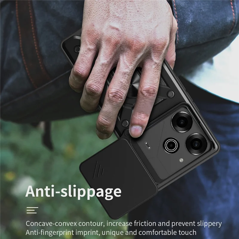 غطاء لهاتف TECNO Pova 6 Pro 5G مع غطاء كاميرا منزلق وحوامل من PC+TPU - ذهبي