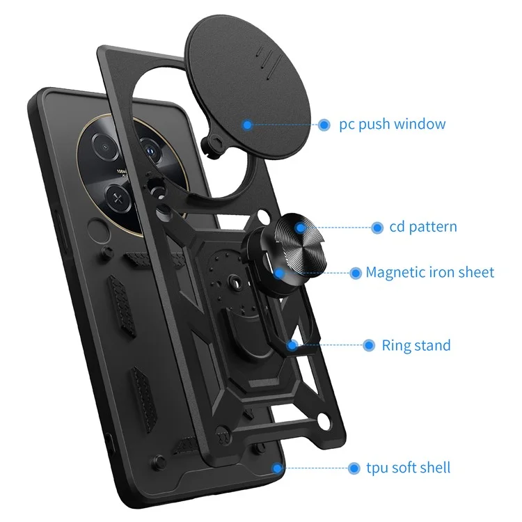 Para Huawei nova 12i 4G Capa com Tampa Deslizante da Câmera PC+TPU com Suporte - Preto