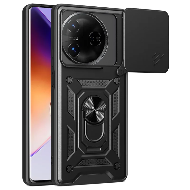 For itel S24 Case with Slide Camera Lid PC+TPU Kickstand Phone Cover - Black