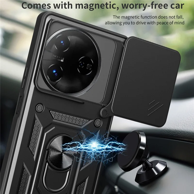 For itel S24 Case with Slide Camera Lid PC+TPU Kickstand Phone Cover - Black