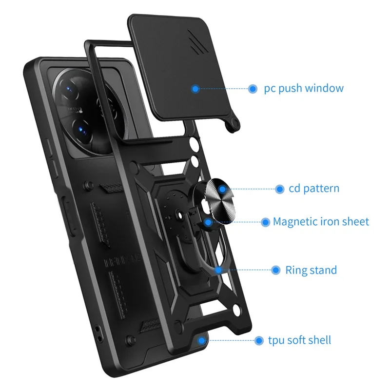 For itel S24 Case with Slide Camera Lid PC+TPU Kickstand Phone Cover - Black