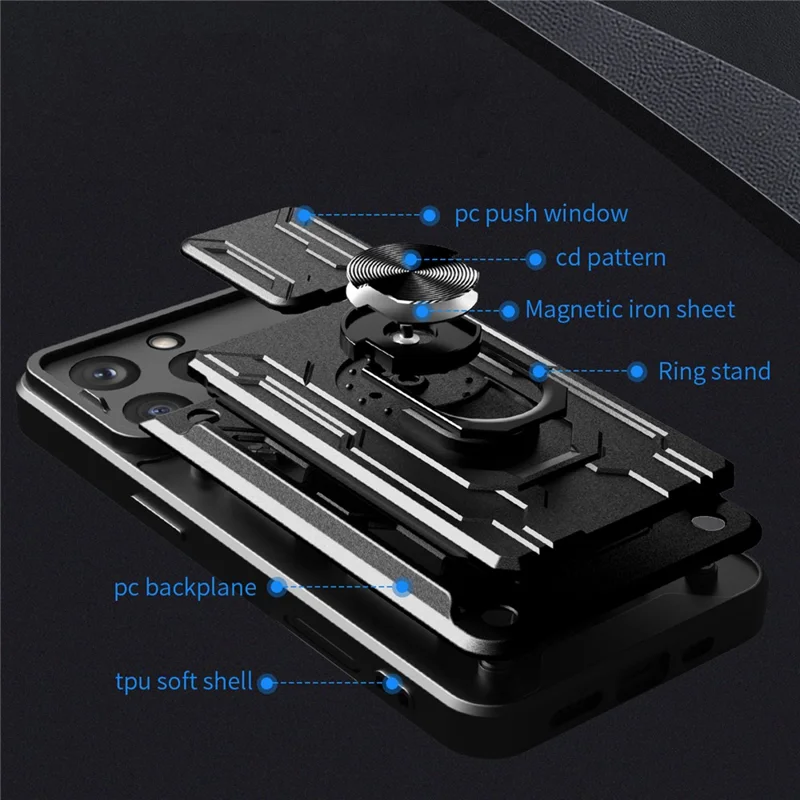 For iPhone 16 Pro Case PC+TPU Kickstand Phone Back Cover with Camera Slider - Black