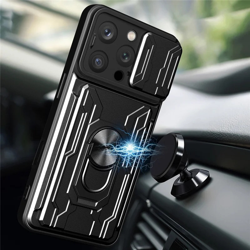 For iPhone 16 Pro Case PC+TPU Kickstand Phone Back Cover with Camera Slider - Black