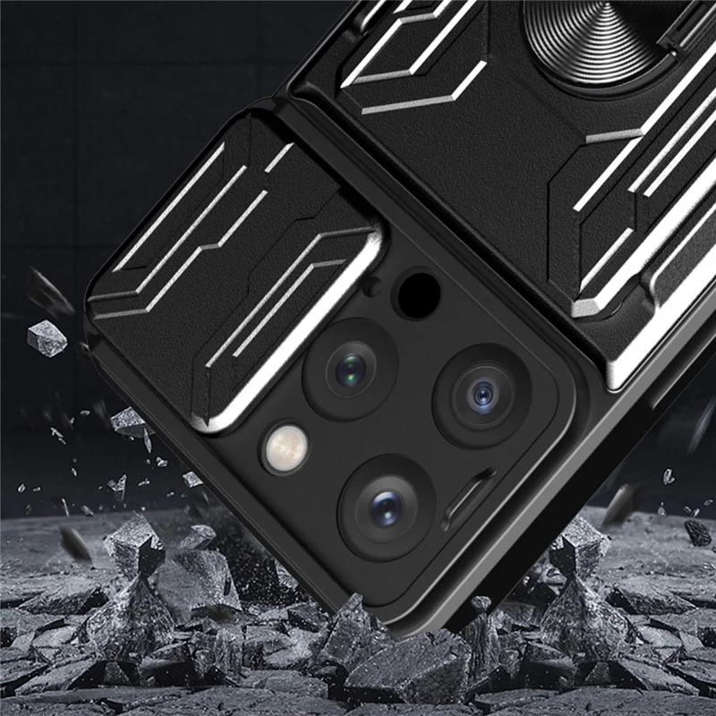 For iPhone 16 Pro Case PC+TPU Kickstand Phone Back Cover with Camera Slider - Black