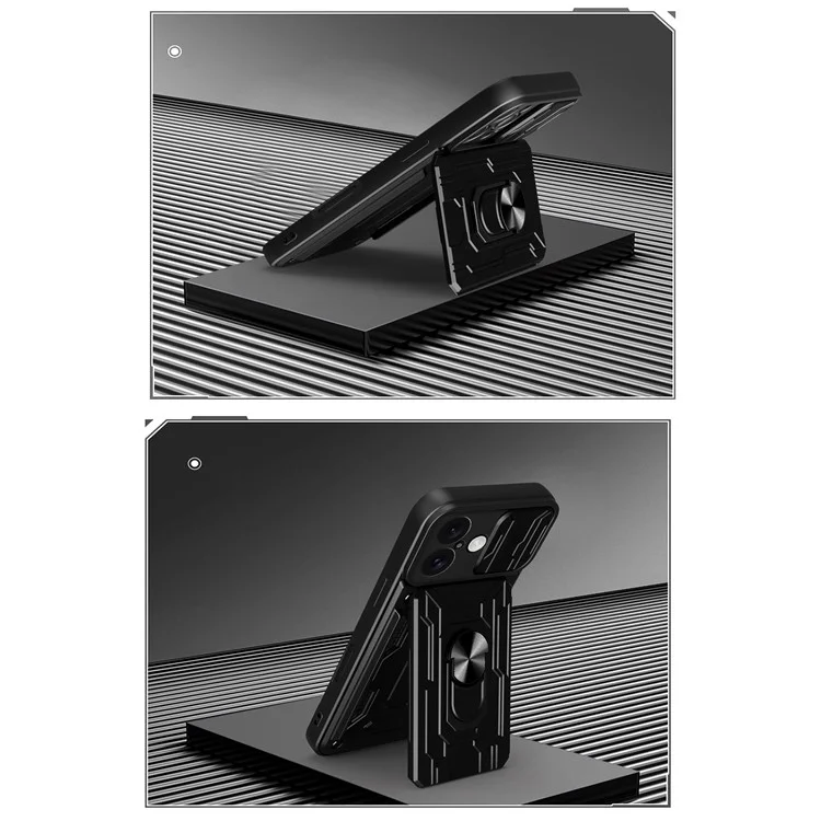 For iPhone 16 Plus Case PC+TPU Kickstand Phone Back Cover with Camera Slider - Black