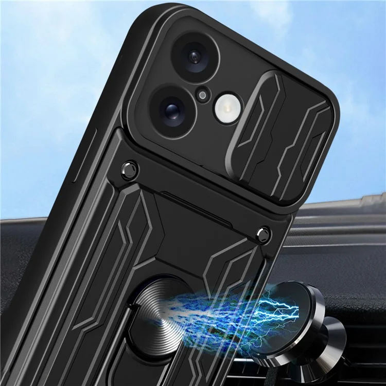 For iPhone 16 Plus Case PC+TPU Kickstand Phone Back Cover with Camera Slider - Black