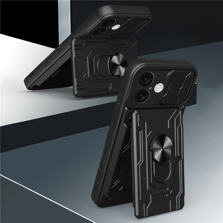 Für iPhone 16 Case PC+TPU Kickstand Phone Back Cover mit Kamera-Schieber - Schwarz