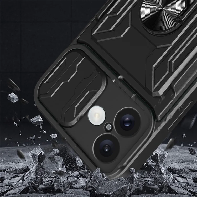 Für iPhone 16 Case PC+TPU Kickstand Phone Back Cover mit Kamera-Schieber - Schwarz