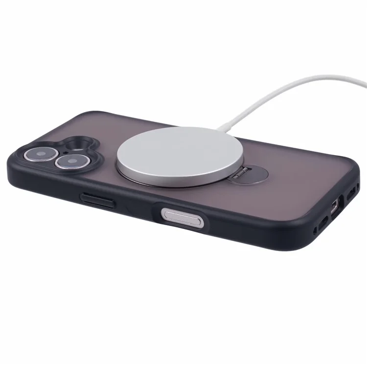 For iPhone 16 Case Compatible with MagSafe Matte TPU+PC Rotary Kickstand Phone Cover - Black