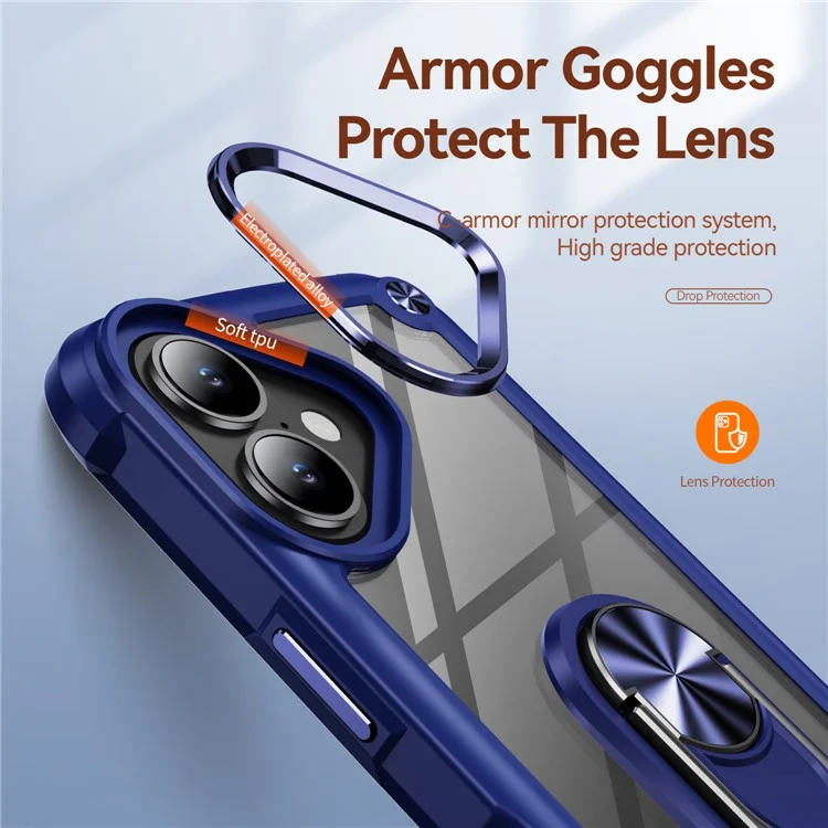Per iPhone 16 Plus Case Alloy Lens Frame PC + TPU Kickstand Phone Back Cover - Zaffiro