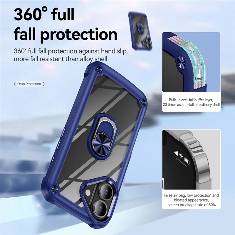 For iPhone 16 Case Alloy Lens Frame PC + TPU Kickstand Phone Back Cover - Sapphire