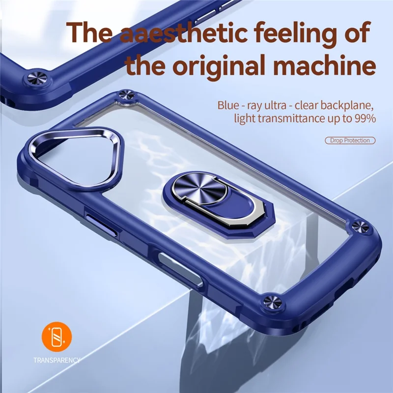 For iPhone 16 Case Alloy Lens Frame PC + TPU Kickstand Phone Back Cover - Sapphire